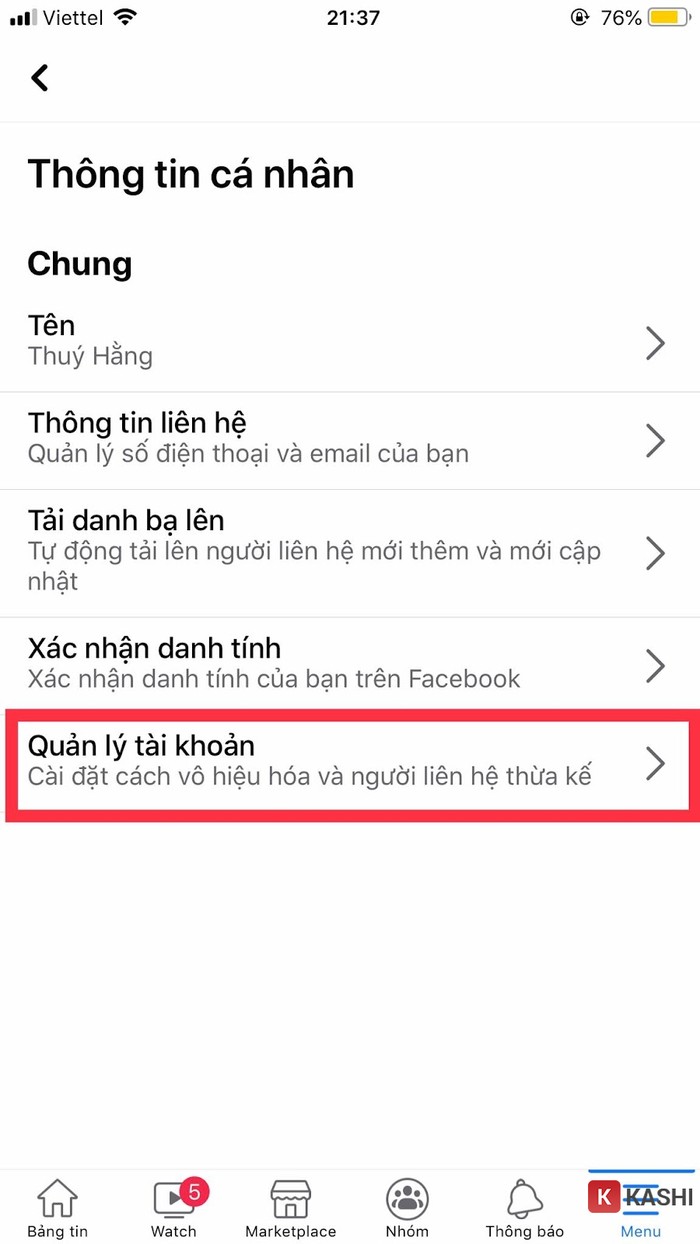 Chọn “ Quản lý tài khoản”
