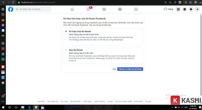 Vô hiệu hóa tài khoản facebook.