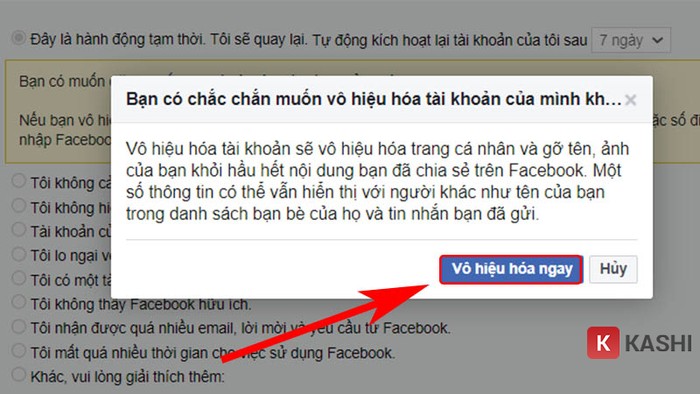 Xác nhận vô hiệu hóa tài khoản.