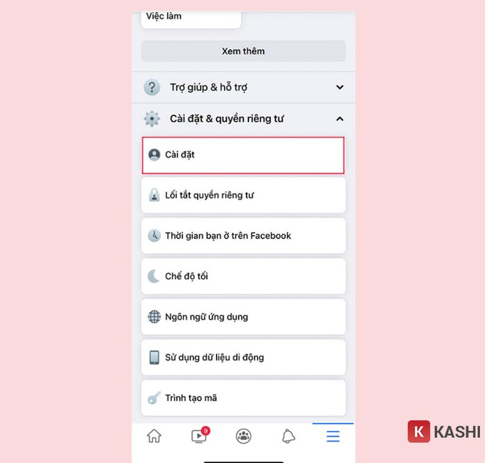 Chọn “cài đặt”