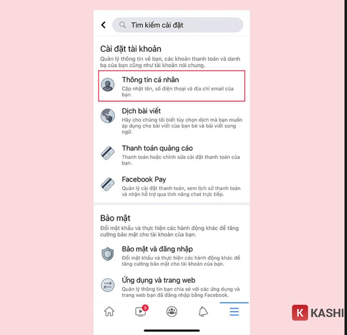 Chọn “thông tin cá nhân”.