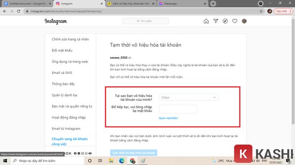 Nhập mật khẩu và vô hiệu hóa tài khoản