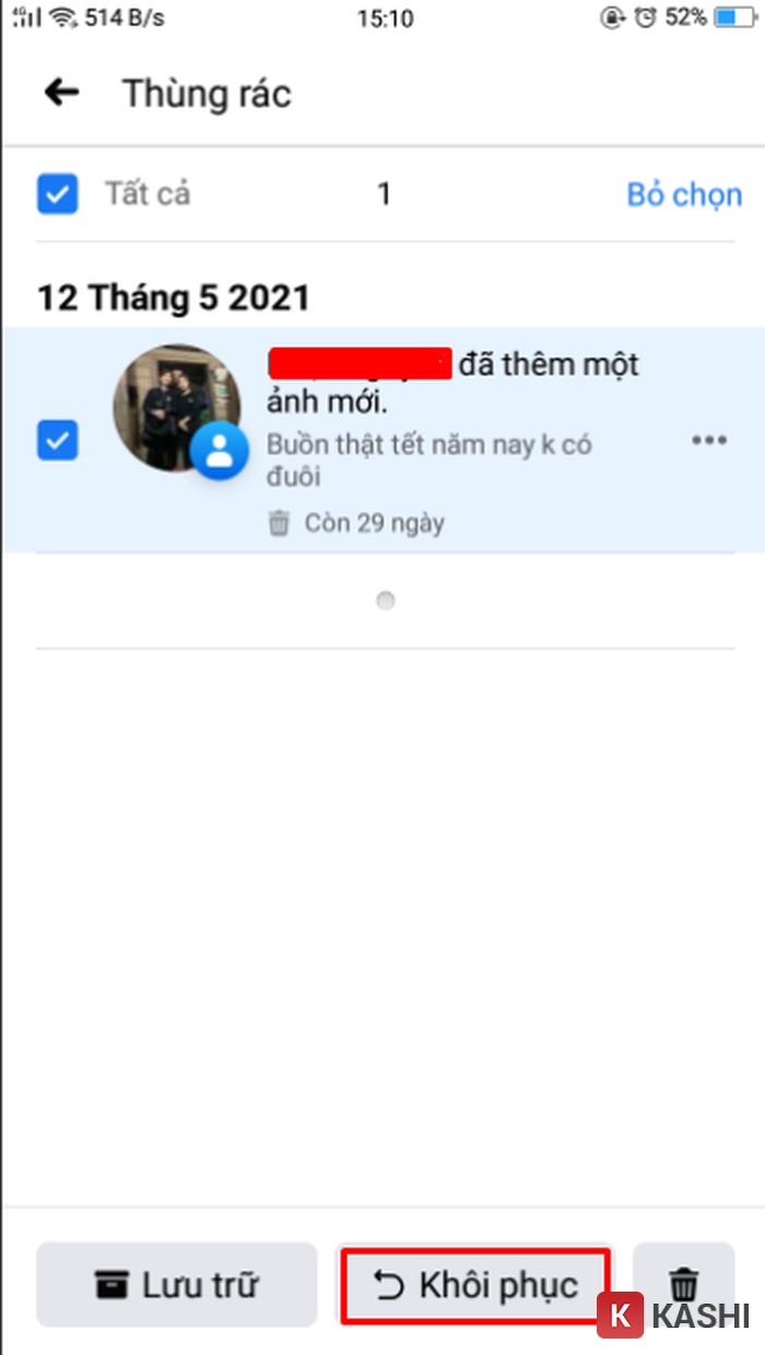 Mô tả ảnh: Nút Khôi phục bài viết trên Facebook