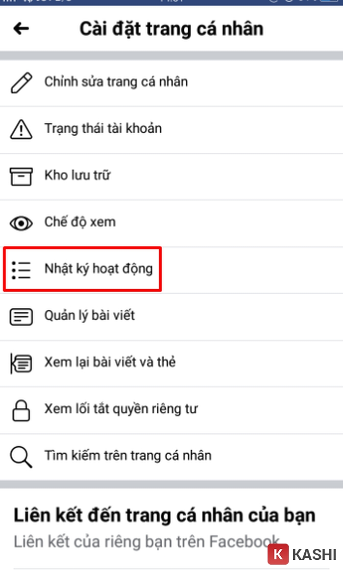 Mô tả ảnh: Mục Nhật ký hoạt động trên Facebook