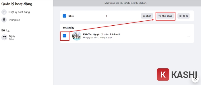 Mô tả ảnh: Nút Khôi phục bài viết trên Facebook máy tính
