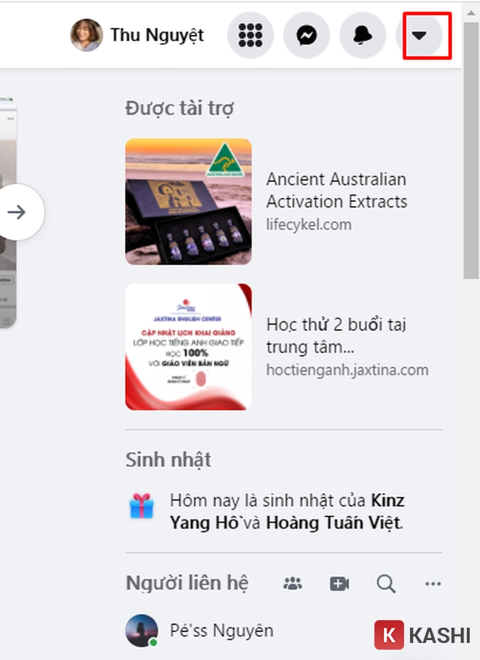 Mô tả ảnh: Mũi tên xổ xuống trên giao diện Facebook máy tính