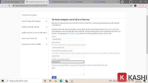 Điền thông tin và gửi
