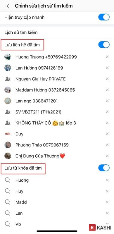 Hiển thị liên hệ đã tìm và từ khoá đã tìm