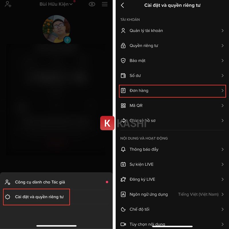 Chọn mục Đơn hàng