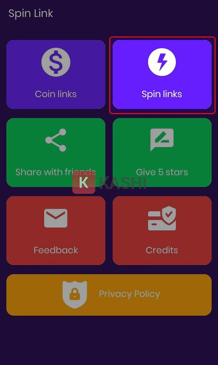 Chọn Spin Links trong ứng dụng