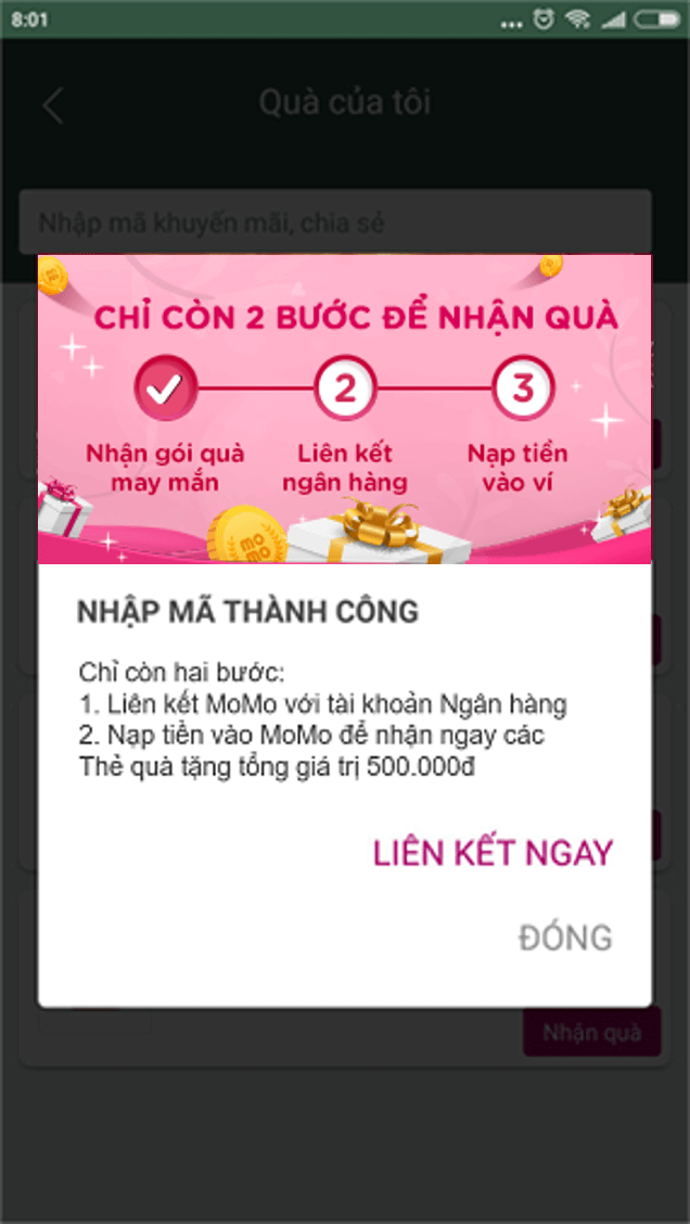 Nhập mã thành công