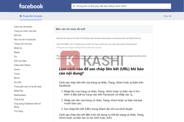 Truy cập trang báo cáo Facebook