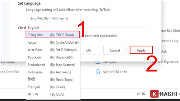 Set Language > Chọn Tiếng việt > Chọn Apply