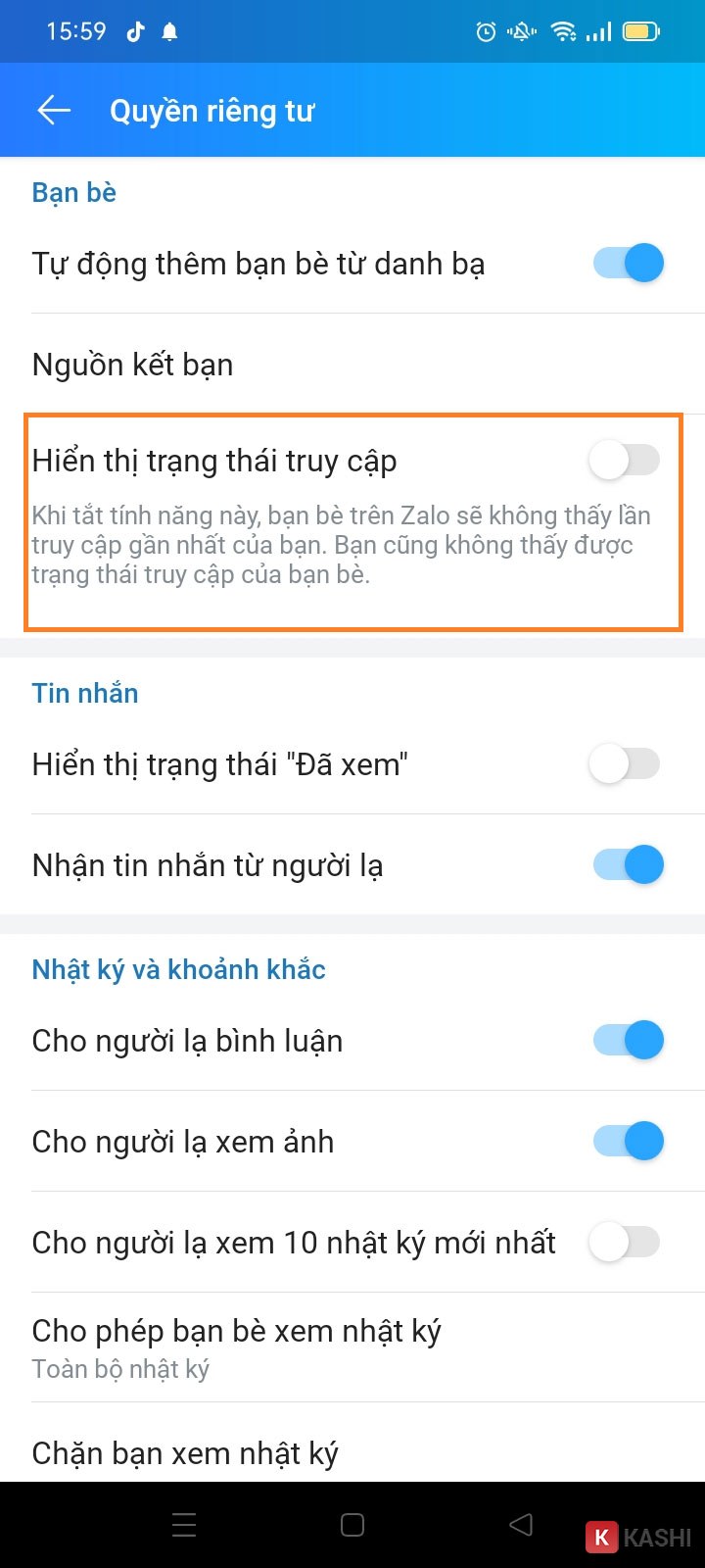 Tắt hiển thị trạng thái truy cập Zalo