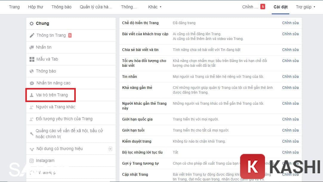 Chọn mục vai trò trên trang