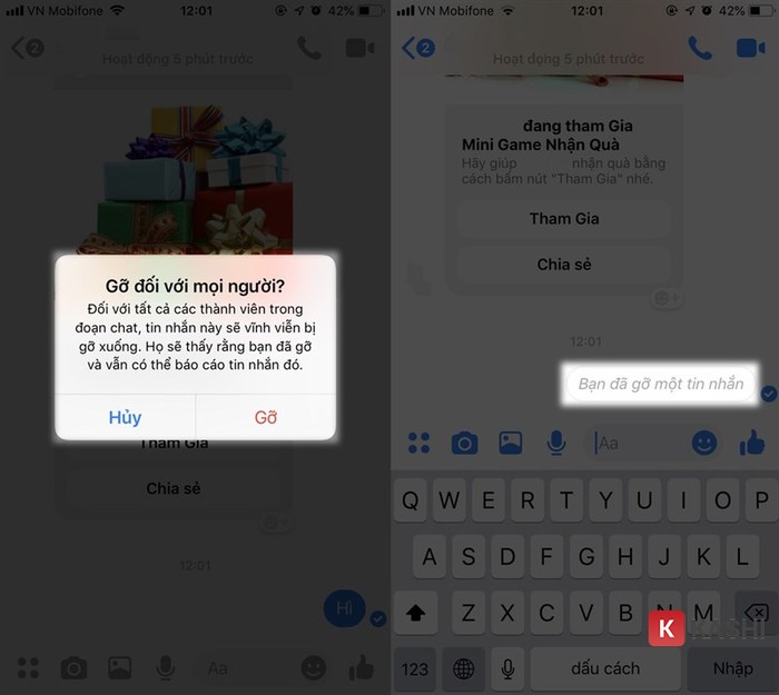 Tính năng thu hồi tin nhắn Messenger