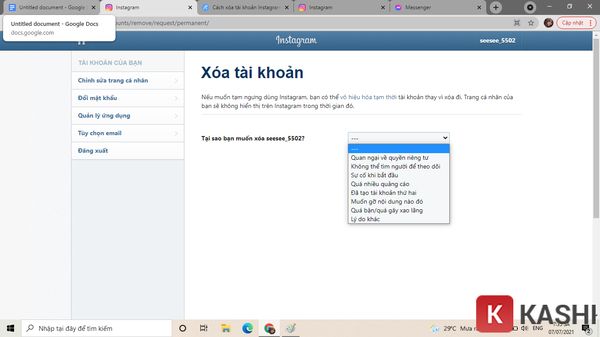 Chọn lý do xóa tài khoản