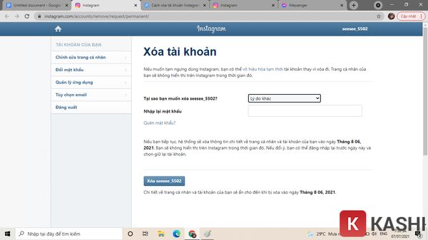 Nhập mật khẩu và xóa tài khoản