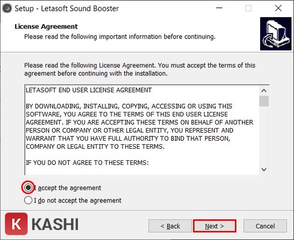 “I accept the agreement” => Next
