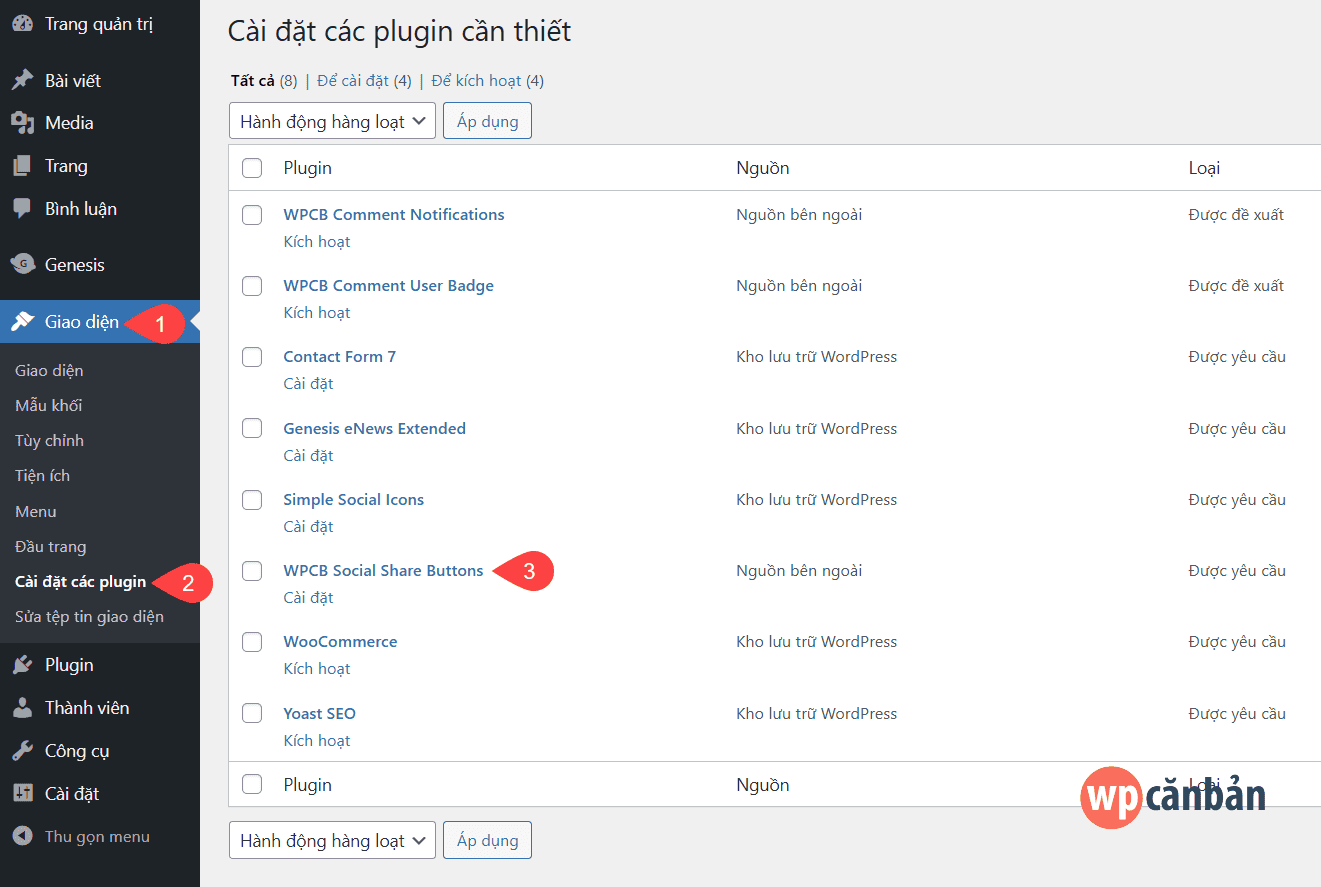 Cài đặt plugin WPCB Social Share Buttons