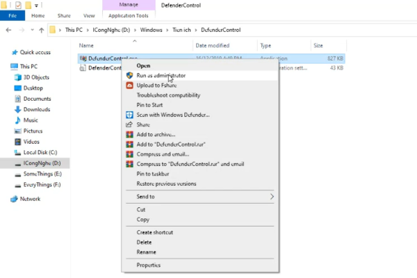 Chạy với quyền quản trị