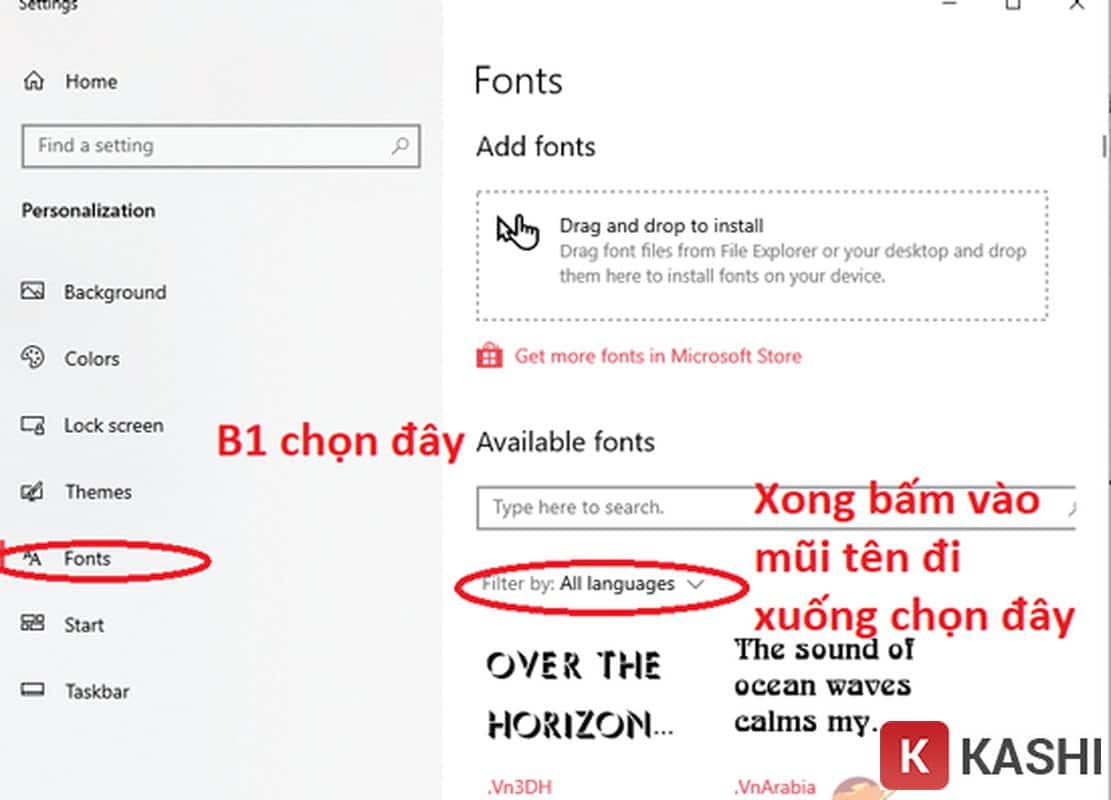 Chọn Font => All languages