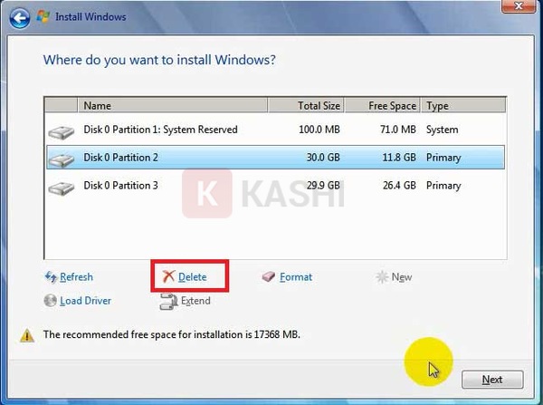 Chọn phân vùng cài đặt