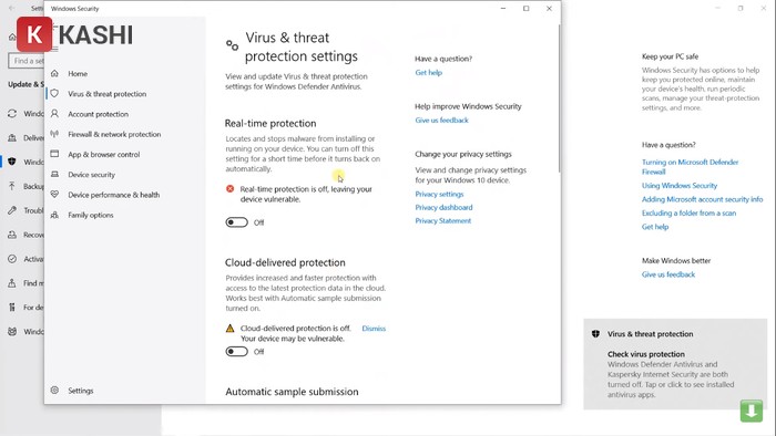 Tắt "Virus & threat protection settings"
