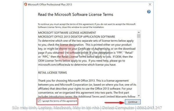 Đồng ý với điều khoản và tiếp tục cài đặt