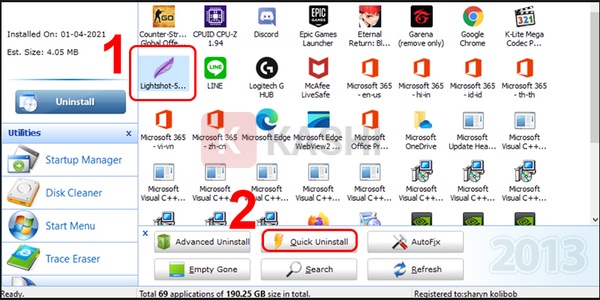 Chọn Quick Uninstall để gỡ bỏ ứng dụng nhanh chóng.