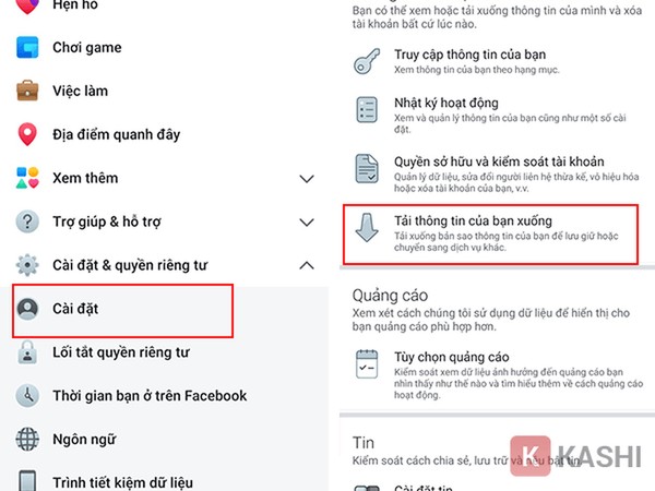 Tải dữ liệu Facebook