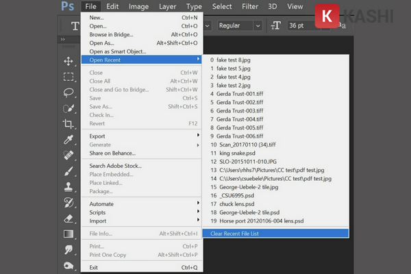 Open Recent trong Photoshop
