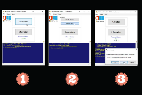 Nhấn chọn "Activation" -> Chọn "Activate Office" đợi chương trình chạy trong ít giây -> Click vào"No"