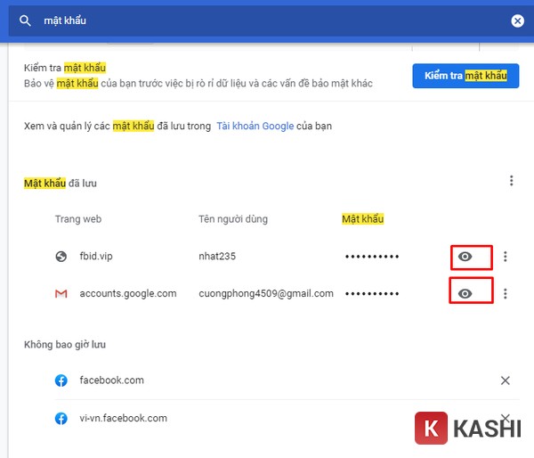 Chọn biểu tượng con mắt 