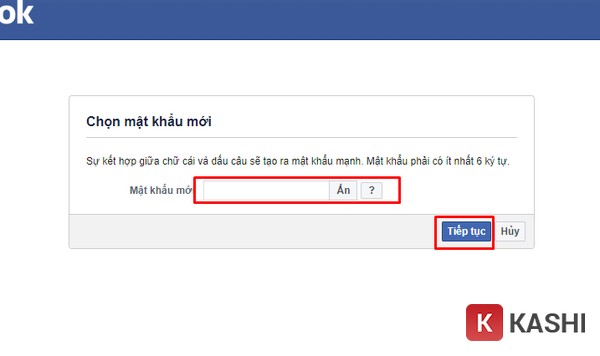 Nhập mật khẩu mới và chọn tiếp tục 
