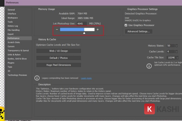 Điều chỉnh thanh trượt Let Photoshop Use để tăng RAM