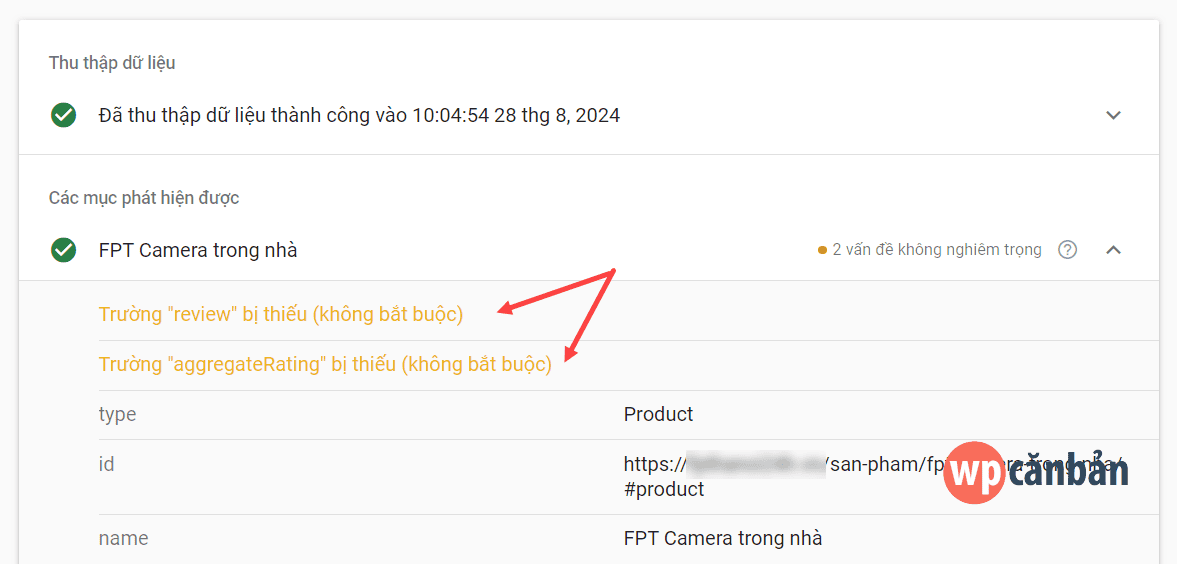 Hình ảnh minh họa lỗi thiếu trường review và aggregateRating trong đoạn trích sản phẩm WooCommerce
