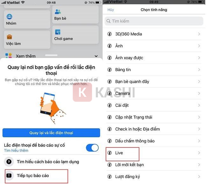 Click vào tiếp tục báo cáo ⇒ Click vào Live