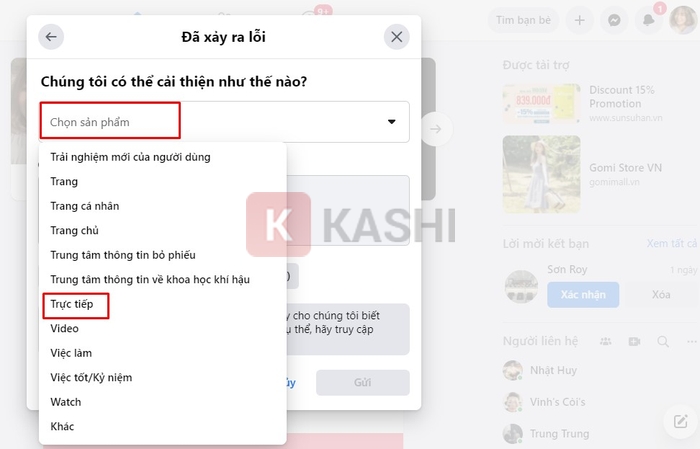 Click vào chọn sản phẩm và click tiếp vào phần trực tiếp