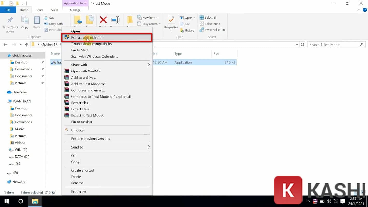 Chạy file Test Mode với quyền admin