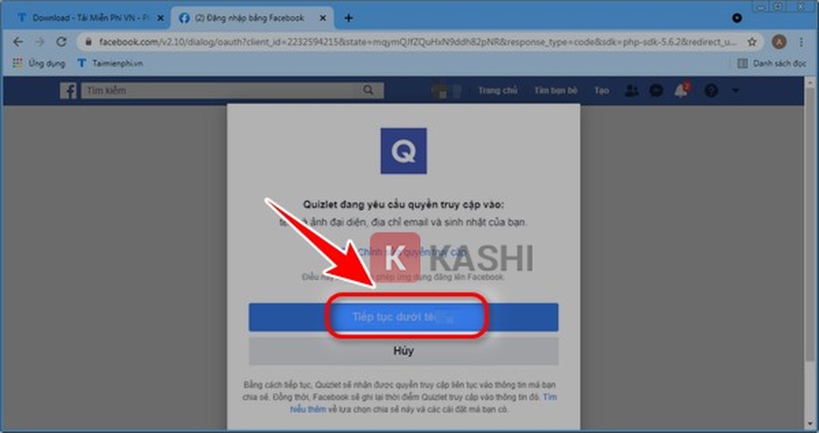 Nhấn "Tiếp tục dưới tên..."