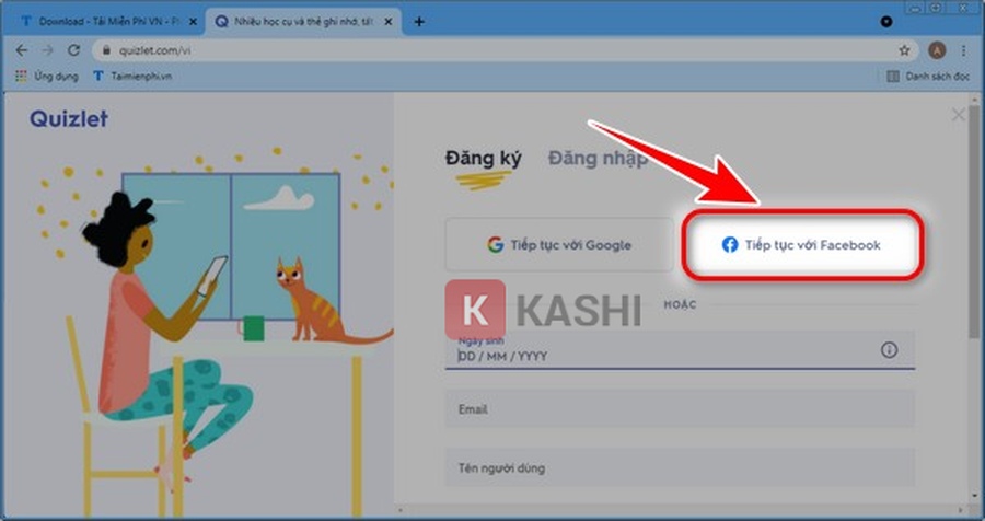 Nhấn "Tiếp tục với Facebook"
