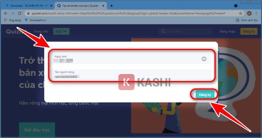 Điền ngày sinh và tên người dùng