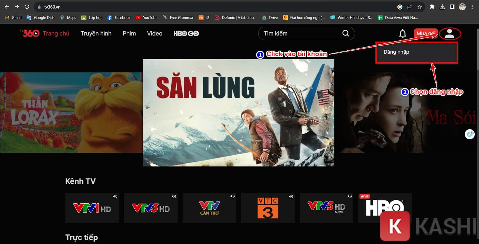 Click nút Tài khoản => Đăng nhập