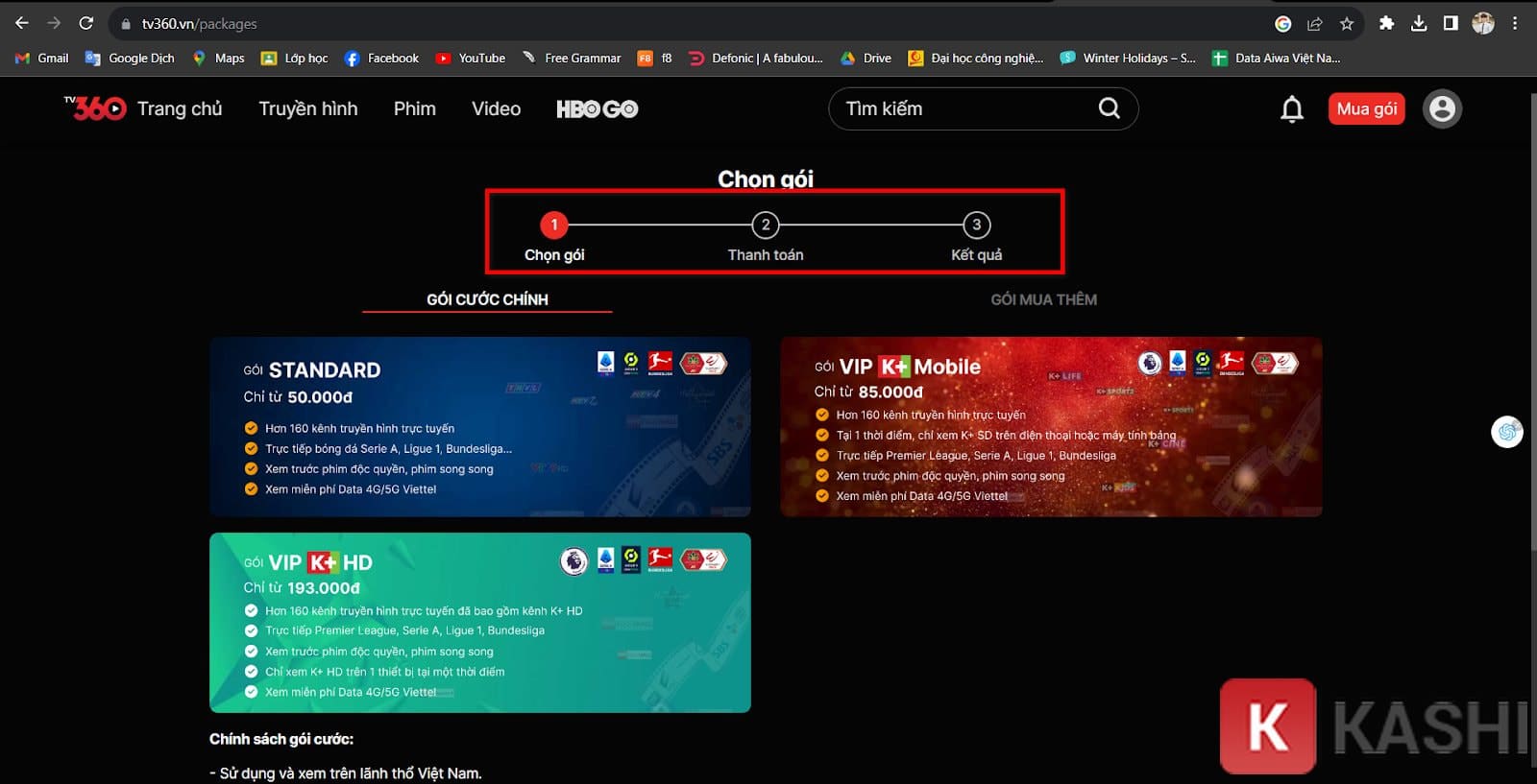 Thông tin gói cước => Thanh toán