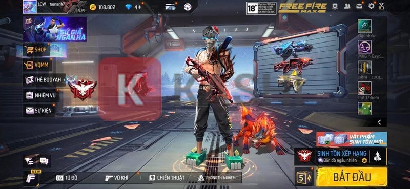 Ảnh chụp màn hình acc Free Fire với các vật phẩm như MP40 Thần Bài, M1887 Hoả Nộ
