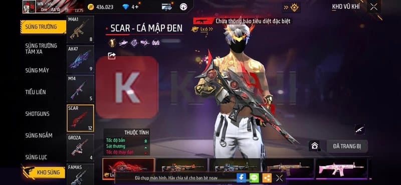 Ảnh chụp màn hình acc Free Fire với Scar Titan, UMP Nhong Nhong và nhiều vật phẩm khác