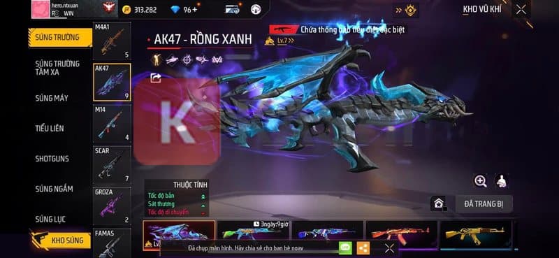 Ảnh chụp màn hình acc Free Fire với M4A1 Dung Nham và Scar Titan