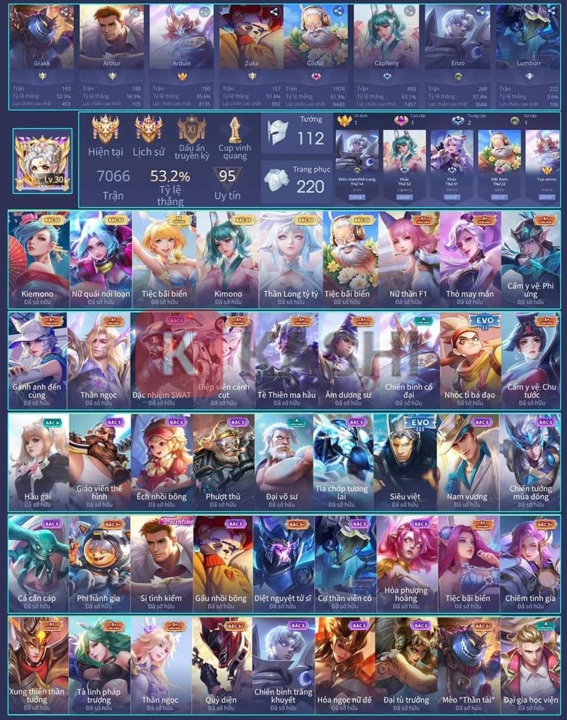 Acc Liên Quân rank cao thủ nhiều trang phục SS S+