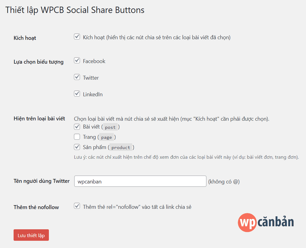 Thiết lập plugin WPCB Social Share Buttons